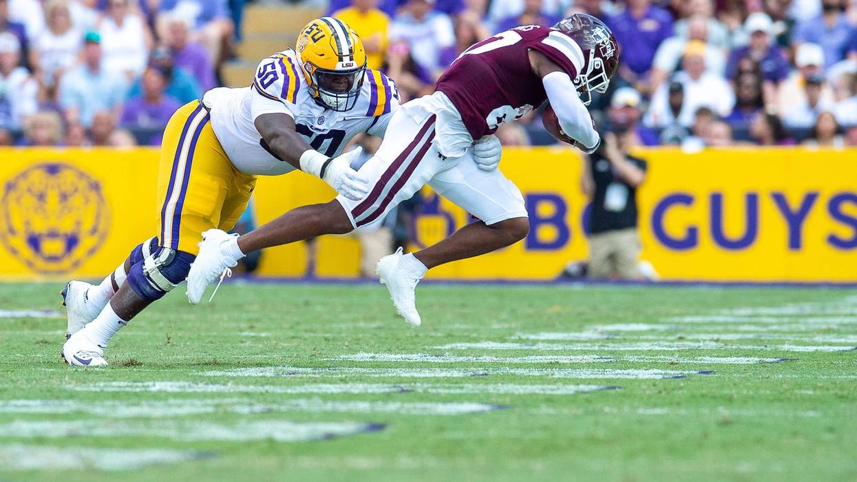 Emory Jones makes a tackle as the LSU Tigers take on the Mississippi State Bulldogs at Tiger Stadium