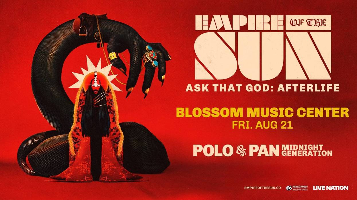 Empire of the Sun concert poster with red-faced figure, large snake, Blossom Music Center, Aug 21.