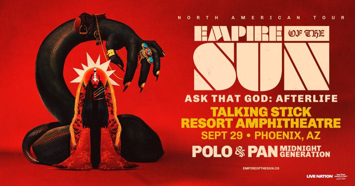 Empire of the Sun tour poster: mystic figure, sun halo, coiled snake on red. Sept 29, Phoenix.