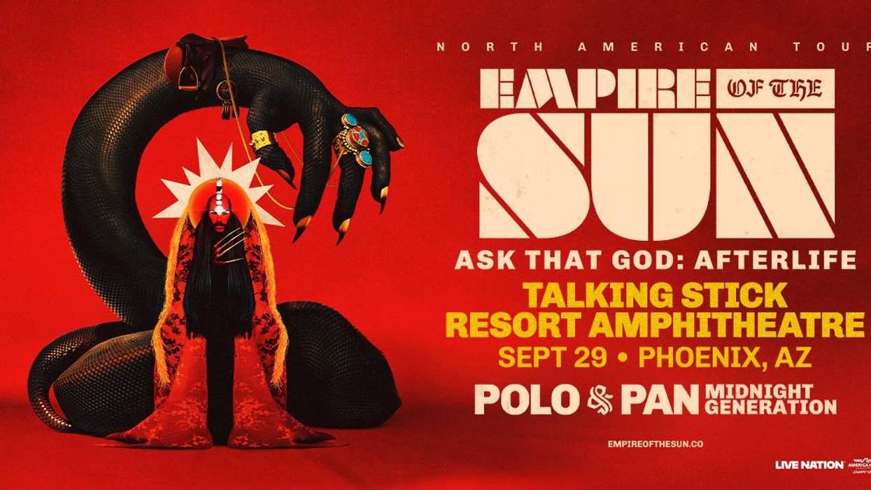 Empire of the Sun tour poster: mystic figure, sun halo, coiled snake on red. Sept 29, Phoenix.