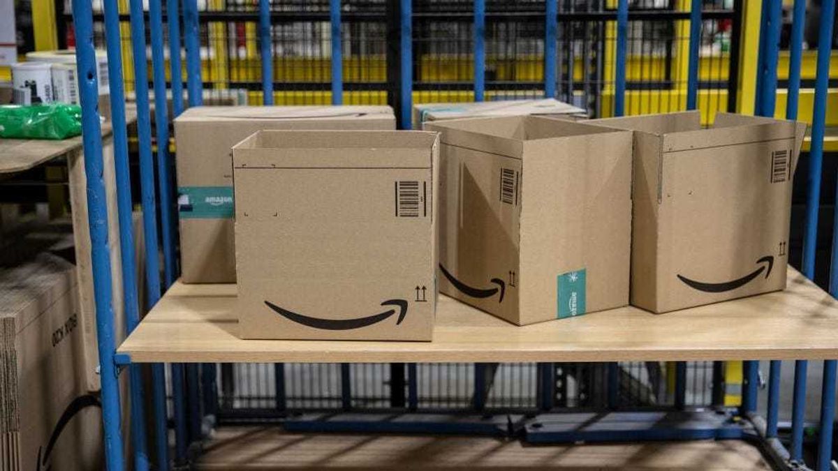 Empty boxes stand at Amazon warehouse on November 18, 2021 in Brieselang, Germany.