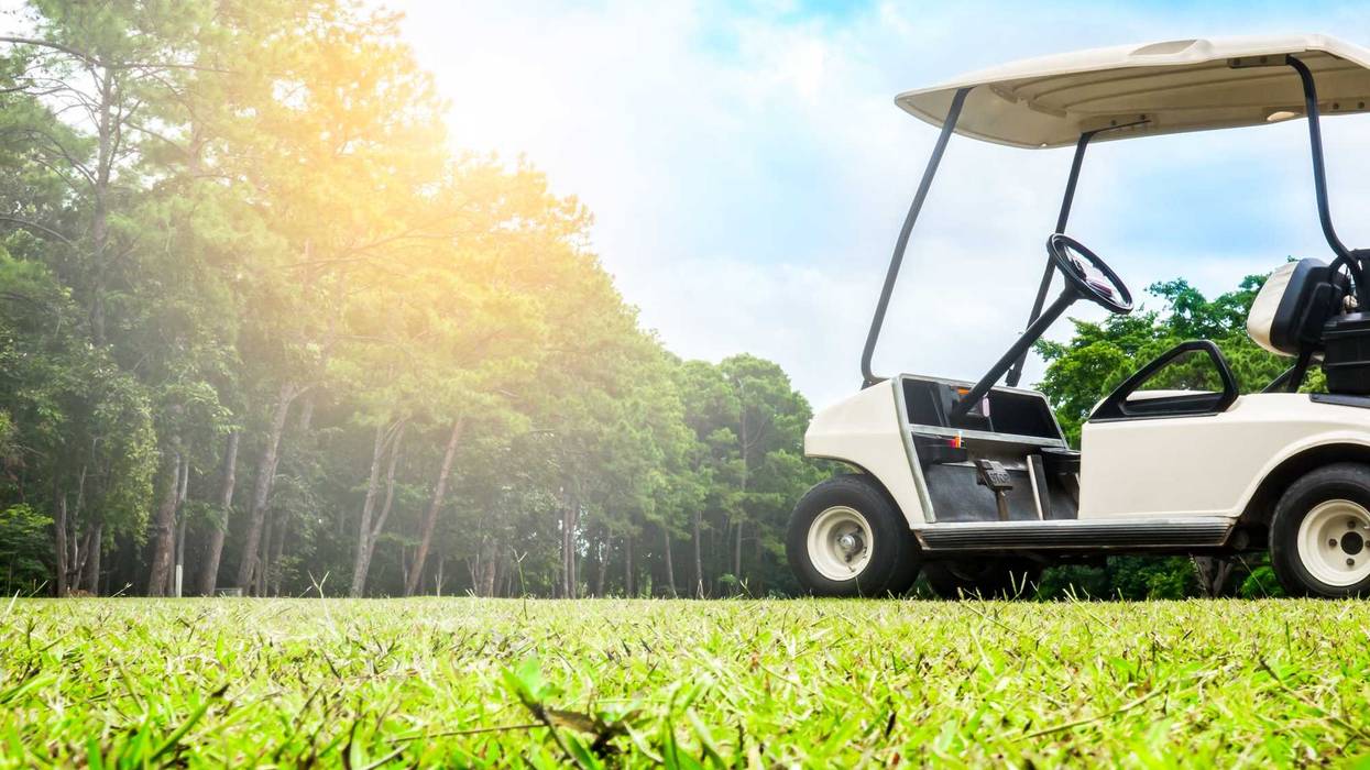 Empty golf cart sitting in the grass.
