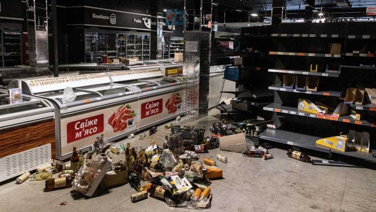 Empty shelves are seen at a grocery store on March 03, 2022 in Irpin, Ukraine.