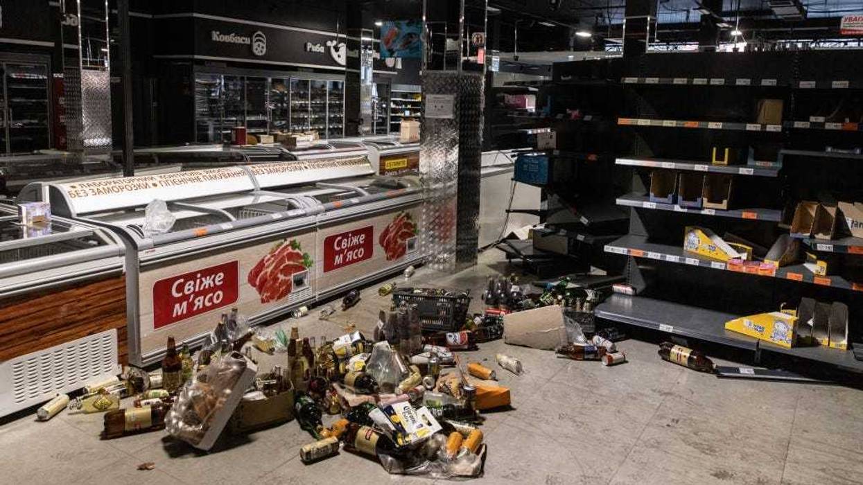 Empty shelves are seen at a grocery store on March 03, 2022 in Irpin, Ukraine.