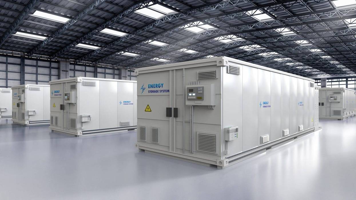 Energy storage systems or battery container units in factory - stock photo