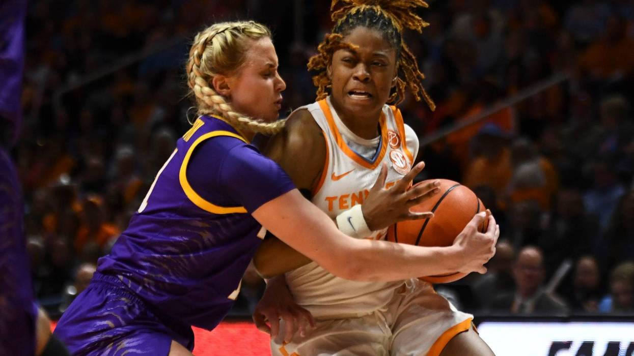 ennessee's Jasmine Powell (15) tries to get to the basket while guarded by LSU's Hailey Van Lith