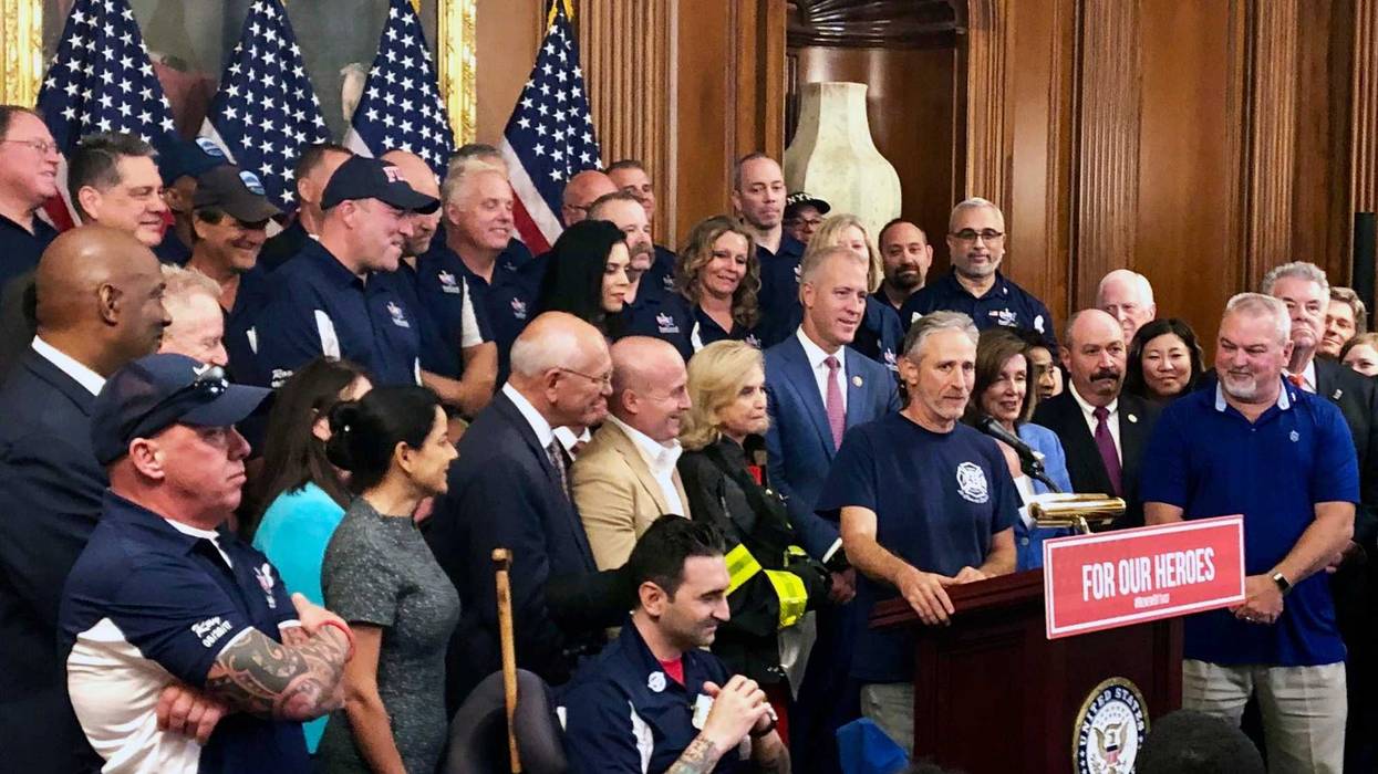 Entertainer and activist Jon Stewart, speaks at a news conference on behalf of 9/11 victims and families, Friday, July 12, 2019, at the Capitol in Washington