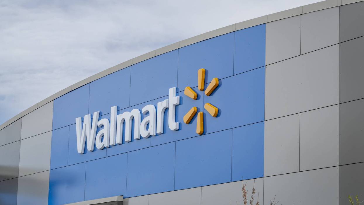 Entrance sign for Walmart, American multinational retail corporation that operates a chain of hypermarkets, discount department stores, and grocery stores.