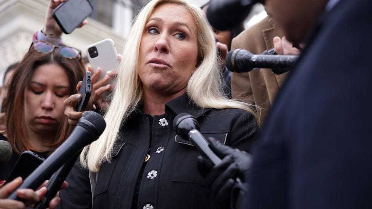 ep. Marjorie Taylor Greene (R-GA) speaks to reporters outside of the U.S. Capitol Building after a vote on a funding bill that would avert a government shutdown on March 22, 2024 in Washington, DC. Greene spoke to reporters about introducing a motion to vacate U.S. Speaker of the House Mike Johnson (R-LA) over the bill’s passage. (Photo by Alex Wong/Getty Images)