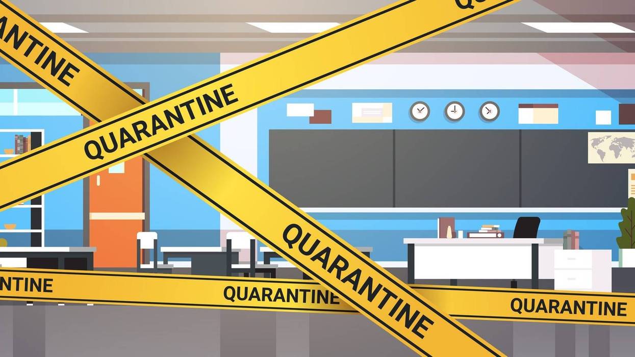 epidemic MERS-CoV quarantine caution on yellow warning tape modern school classroom interior coronavirus infection wuhan 2019-nCoV pandemic health risk concept horizontal