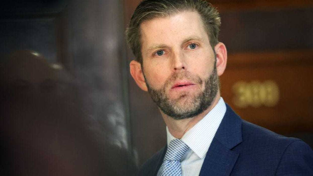 Eric Trump, executive vice president of Trump Organization Inc., speaks to the media as he leaves former President Donald Trump's civil fraud trial where he testified at New York State Supreme Court on November 03, 2023 in New York City.