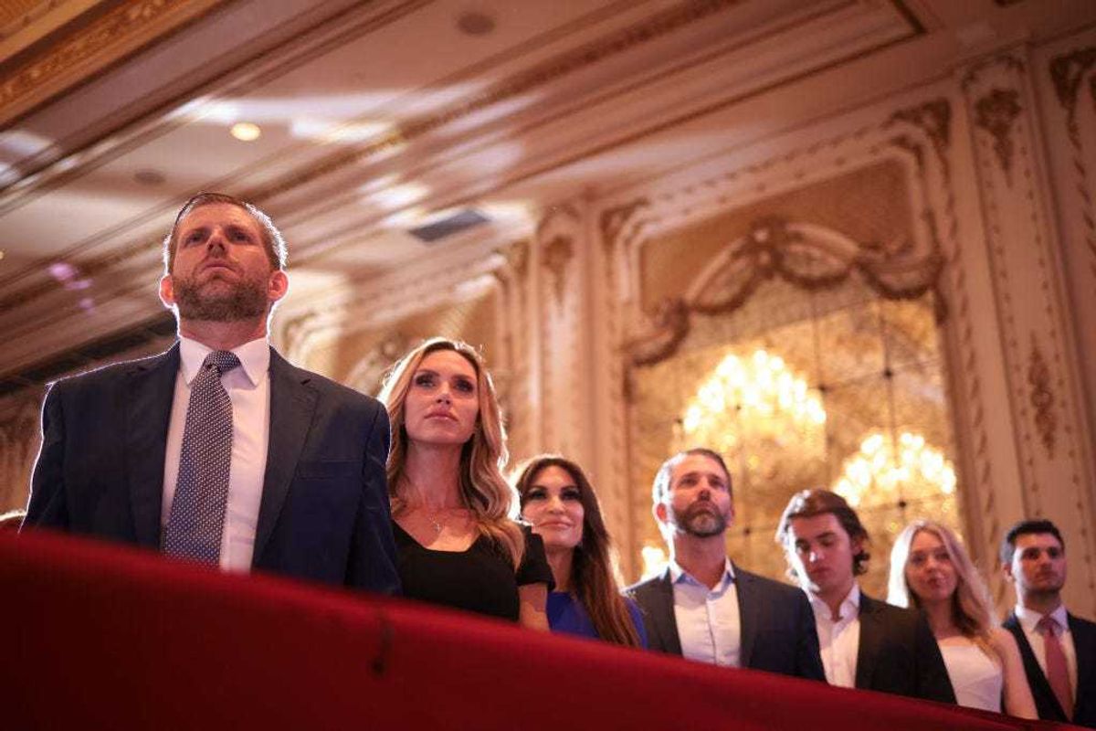 Eric Trump, his wife Lara Trump, Kimberly Guilfoyle and Donald Trump Jr. watch Republican presidential candidate, former President Donald Trump speak at an election-night watch party at Mar-a-Lago on March 5, 2024 in West Palm Beach, Florida. Sixteen states held their primaries and caucuses today as part of Super Tuesday. (Photo by Win McNamee/Getty Images)