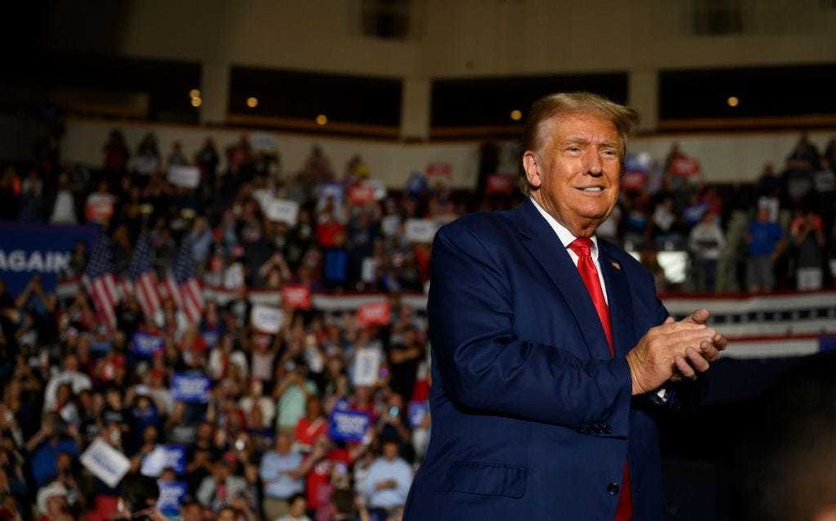 ERIE, PENNSYLVANIA - JULY 29: Former U.S. President Donald Trump leaves after speaking to supporters during a political rally while campaigning for the GOP nomination in the 2024 election at Erie Insurance Arena on July 29, 2023 in Erie, Pennsylvania. (Photo by)