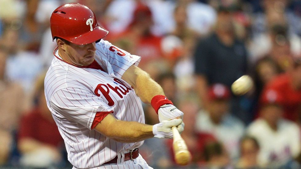 Erik Kratz of the Philadelphia Phillies hits a home run in the fourth inning during the game against the Boston Red Sox at Citizens Bank Park on May 29, 2013 in Philadelphia, Pennsylvania.