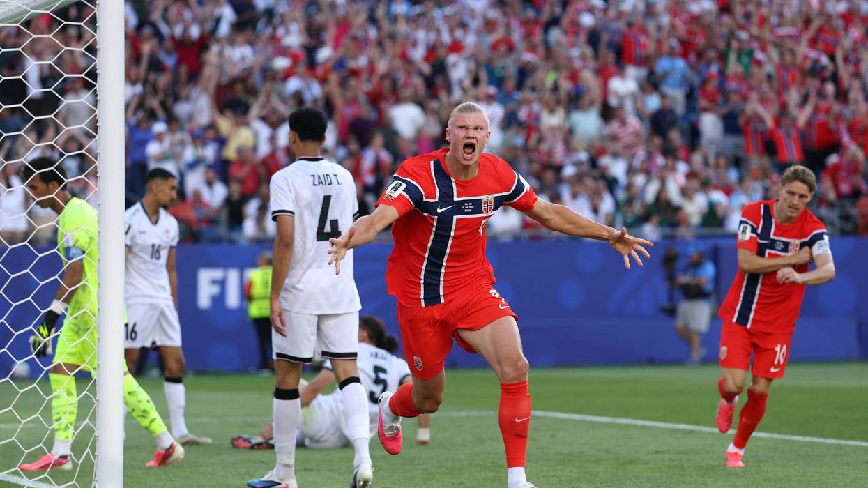 Erling Haaland #9 of Norway celebrates scoring his team's first goal during the FIFA World Cup 2026 Group I match between Iraq and Norway at Boston Stadium on June 16, 2026 in Foxborough, Massachusetts.