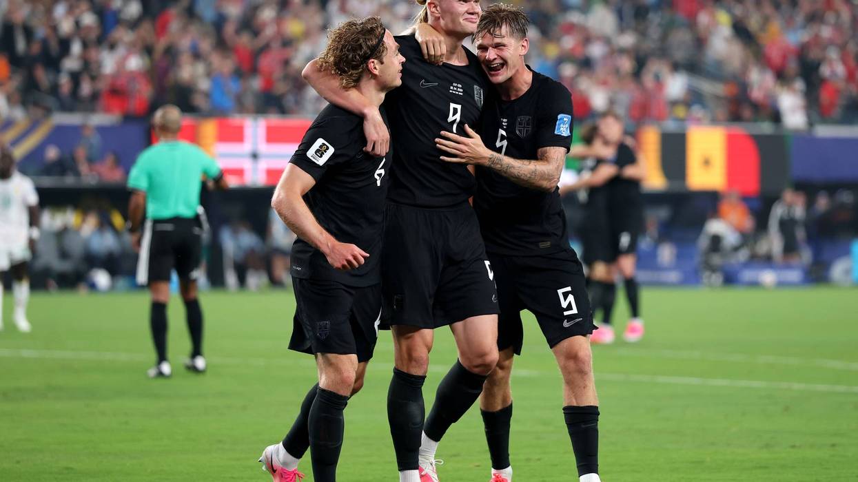 Erling Haaland #9 of Norway celebrates with teammates after scoring the team's third goal during the FIFA World Cup 2026 Group I match between Norway and Senegal at New York New Jersey Stadium on June 22, 2026 in East Rutherford, New Jersey.