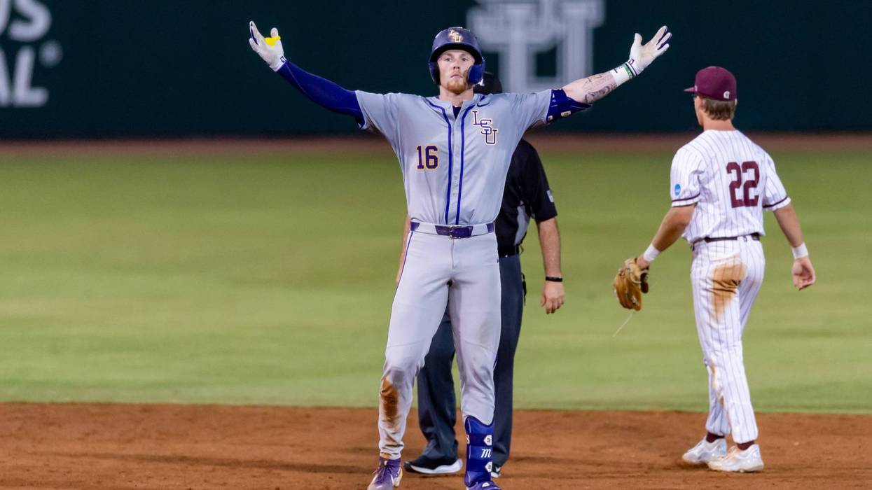 Ethan Frey 16 hits a 3 run double as The LSU Tigers take on Little Rock in game 7 of the 2025 NCAA Div 1 Regional Baseball Championship at Alex Box Stadium in Baton Rouge, LA. Monday, June 2, 2025.