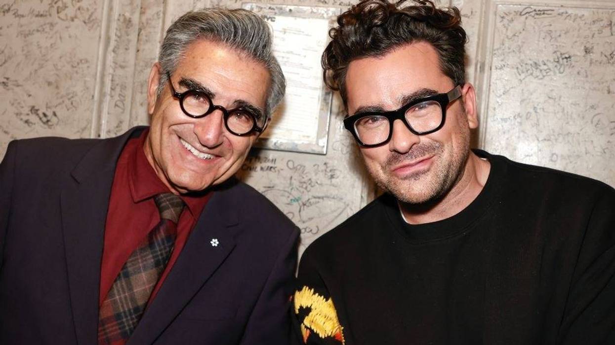 Eugene Levy and Dan Levy are seen during the "Best Wishes, Warmest Regards" book launch at The Beacon Theatre on October 25, 2021 in New York City.