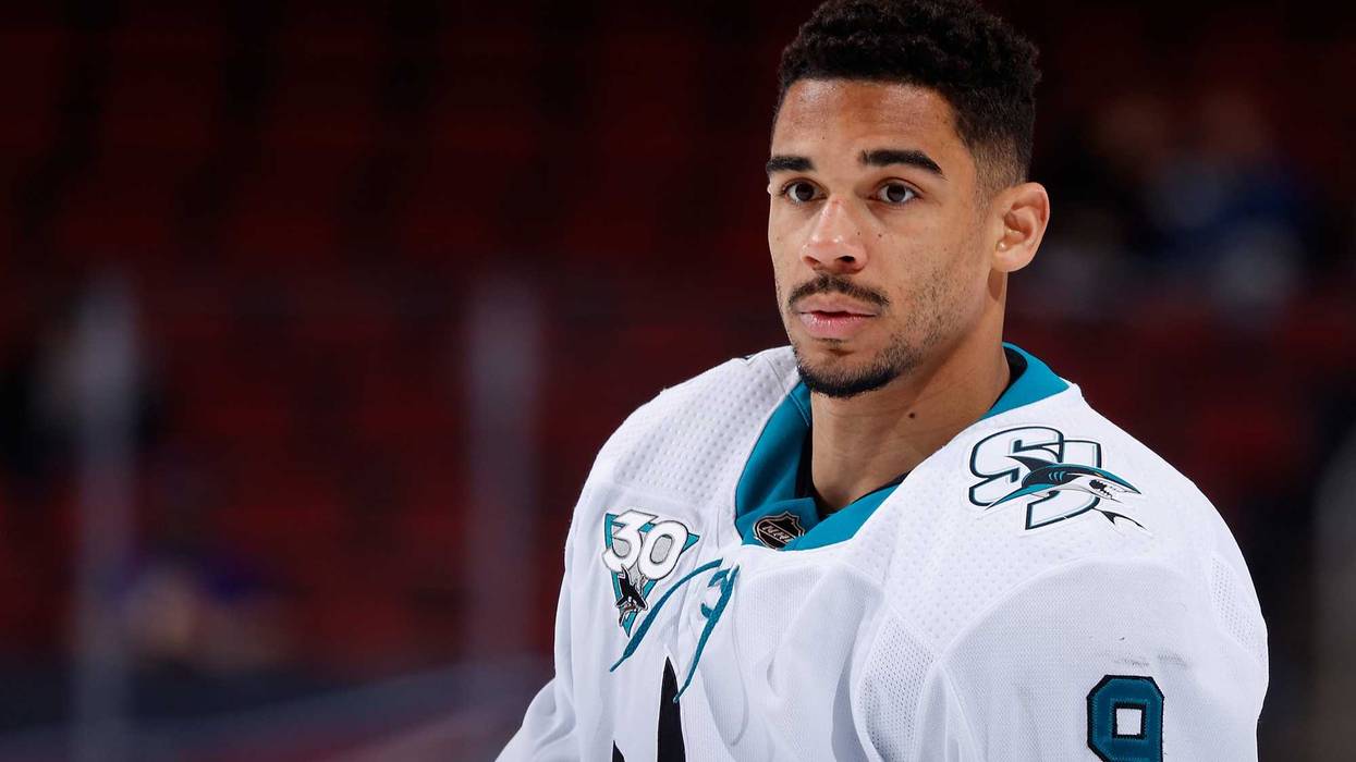 Evander Kane #9 of the San Jose Sharks warms up during the NHL game against the Arizona Coyotes at Gila River Arena on March 27, 2021 in Glendale, Arizona.