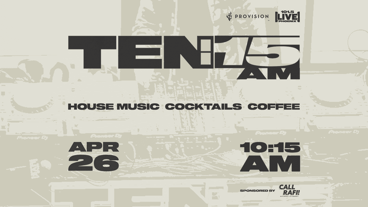Event flyer: TEN!15 AM, Apr 26, 10:15 AM. House music, cocktails & coffee.