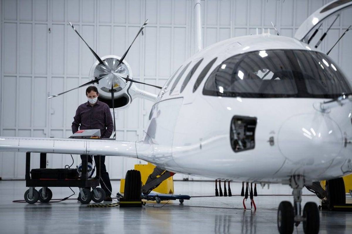 Eviation Aircraft engineers ready Alice for a taxi test on February 25, 2022 in Arlington, Washington.