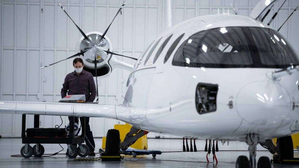 Eviation Aircraft engineers ready Alice for a taxi test on February 25, 2022 in Arlington, Washington.