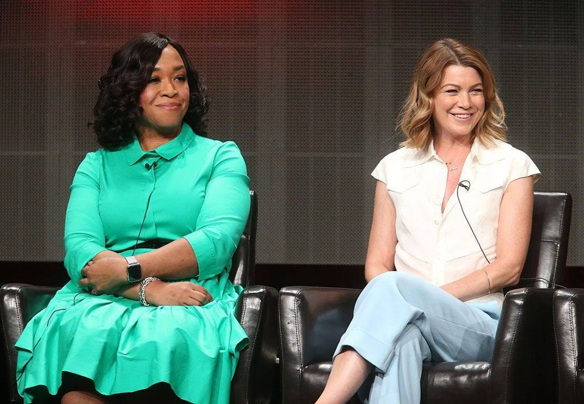 Executive producer Shonda Rhimes (L) and actress Ellen Pompeo speak onstage during the 'Grey's Anatomy,' 'Scandal,' and 'How To Get Away With Murder' panel discussion at the ABC Entertainment portion of the 2015 Summer TCA Tour at The Beverly Hilton Hotel on August 4, 2015 in Beverly Hills, California