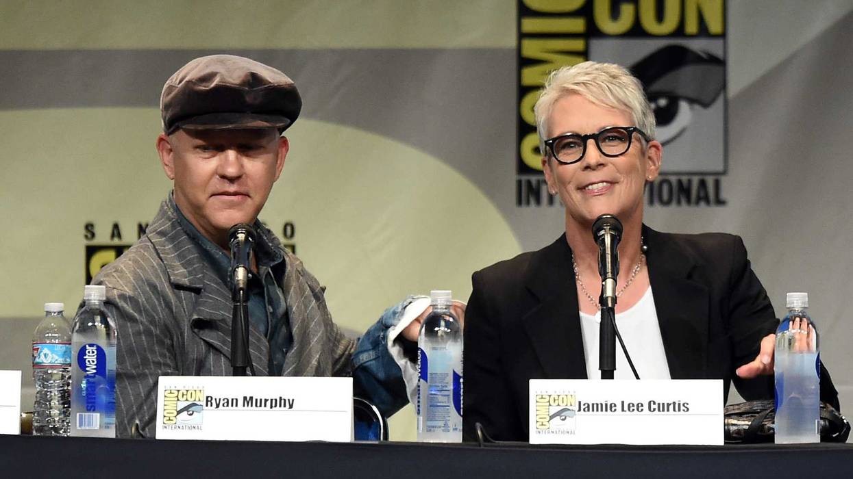 Executive producer/writer Ryan Murphy (L) and actress Jamie Lee Curtis speak onstage at the "American Horror Story" and "Scream Queens" panel during Comic-Con International 2015 at the San Diego Convention Center on July 12, 2015 in San Diego, California.