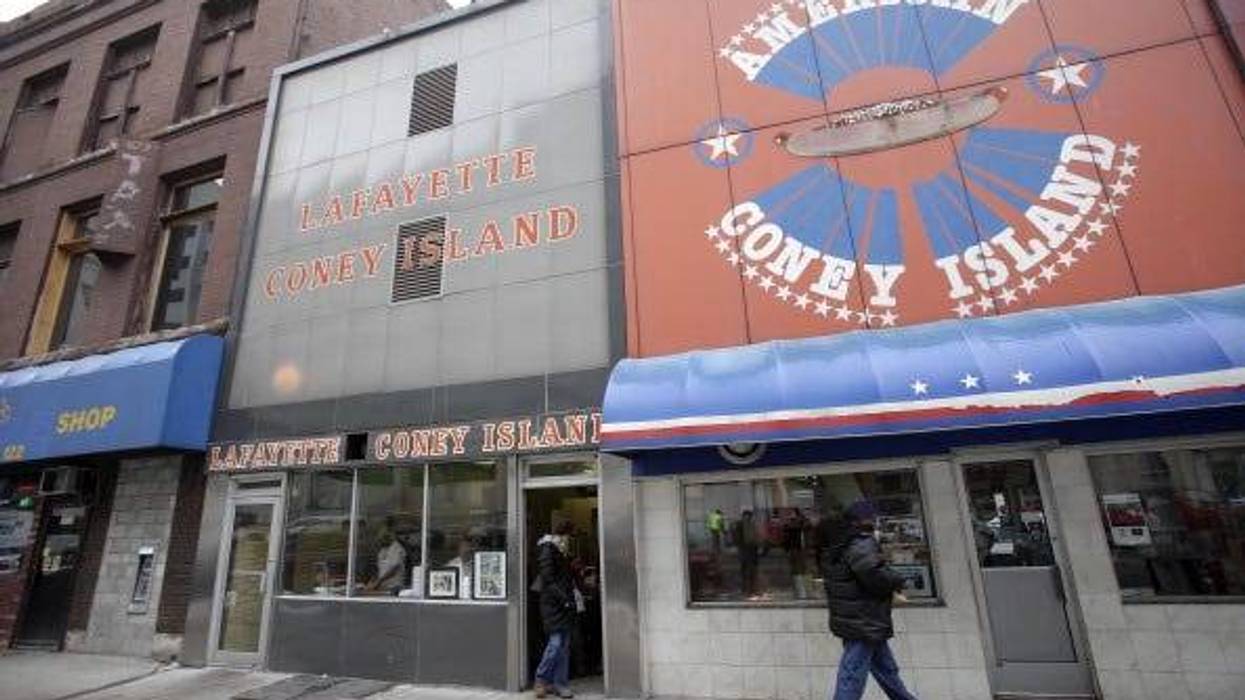 Exterior shot featuring both Lafayette Coney Island and American Coney Island in downtown Detroit.