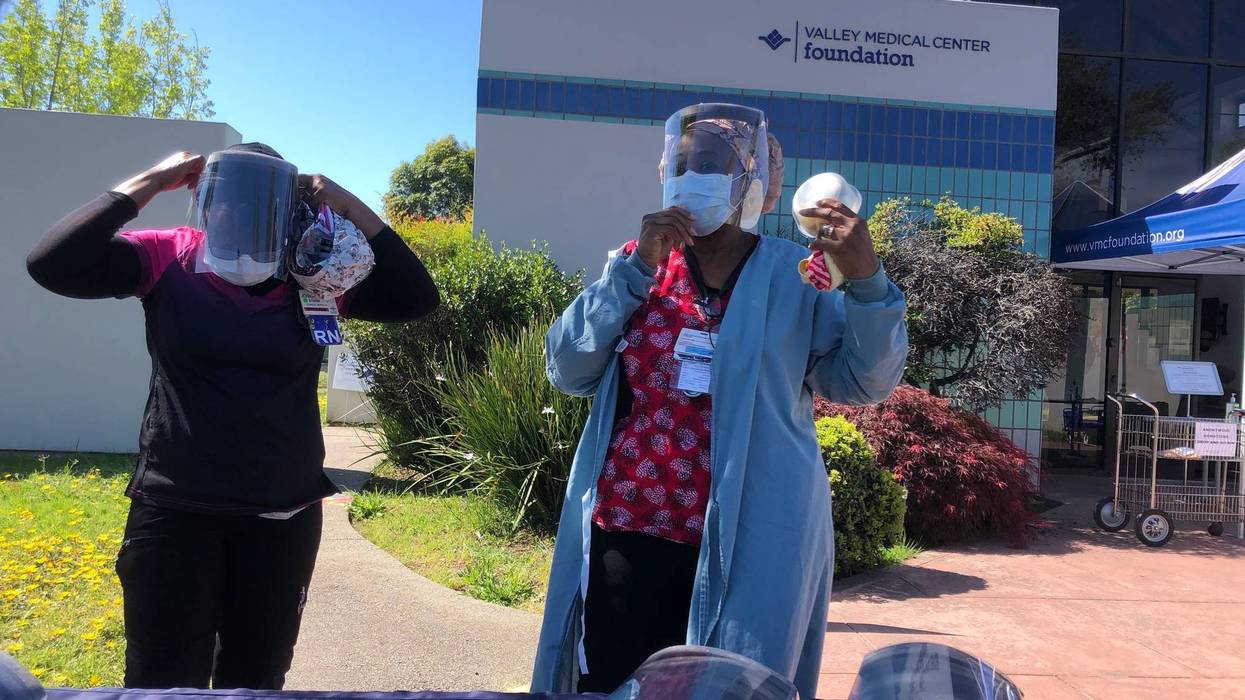 Face shields donated by Google arrive at the Valley Medical Center Foundation in San Jose.