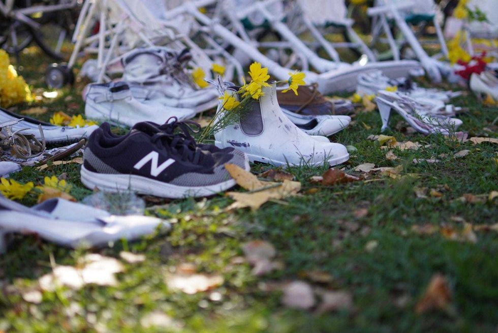 Families for Safe Streets had 80 shoes at their Queens event in honor of the 80 pedestrians killed this year due to traffic violence.