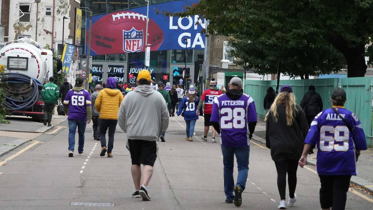 Fans arrive before the NFL London Game between the New York Jets and the Minnesota Vikings at Tottenham Hotspur Stadium.