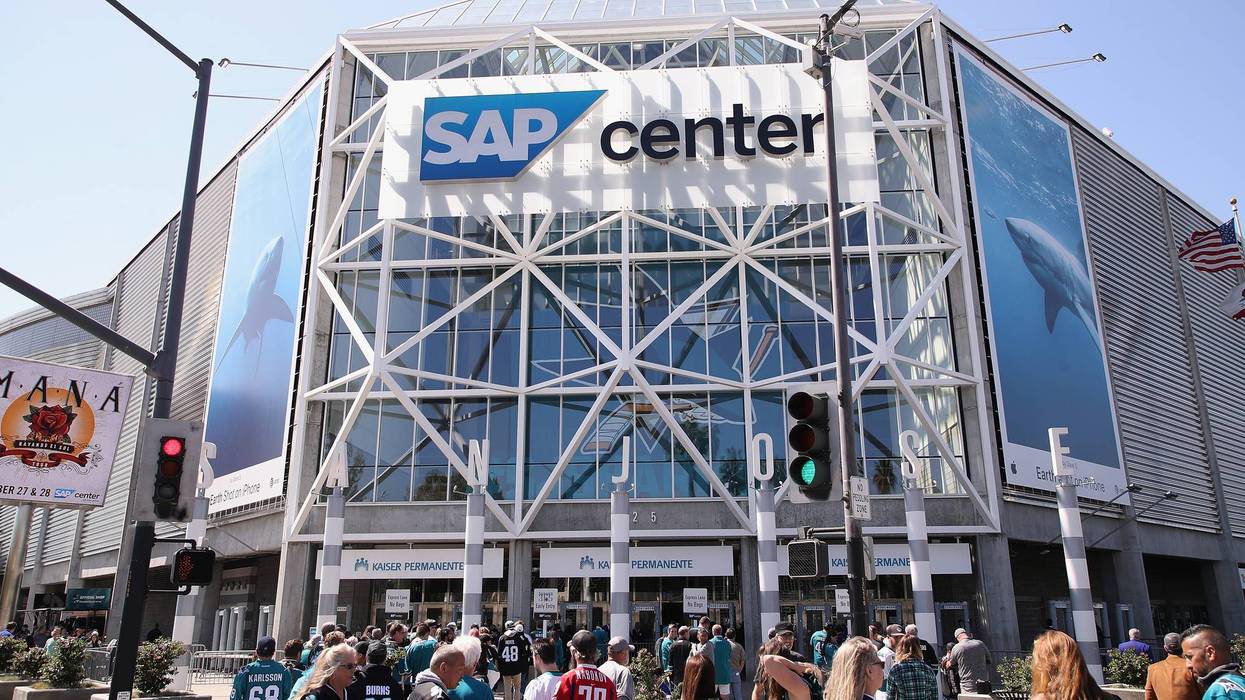 Fans arrive to SAP Center for Game One NHL Western Conference Final between the San Jose Sharks and the St. Louis Blues during the 2019 NHL Stanley Cup Playoffs on May 11, 2019 in San Jose, California.