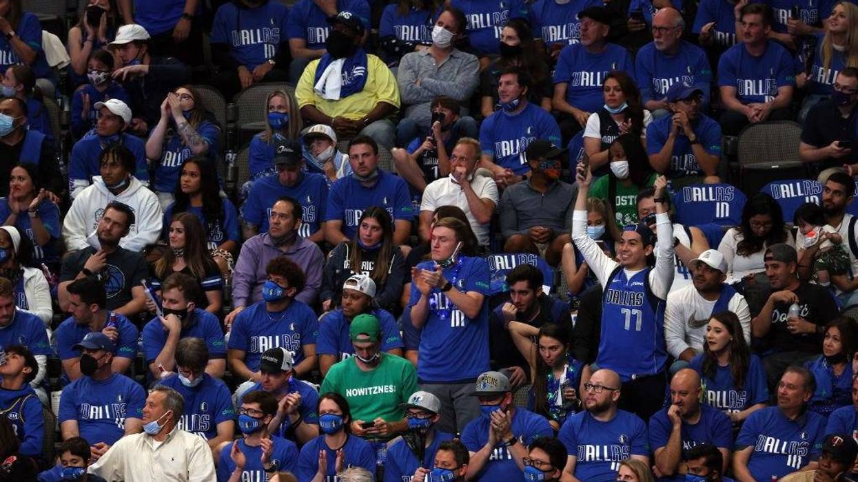Fans in the third quarter in game three of the Western Conference first round series between the LA Clippers and the Dallas Mavericks at American Airlines Center on May 28, 2021 in Dallas, Texas