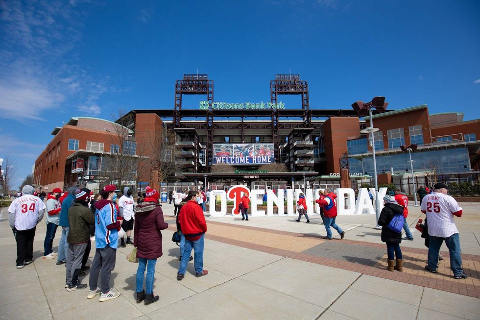 Fans outside Citizens Bank Park before an opening day game between the Philadelphia Phillies and the Atlanta Braves.