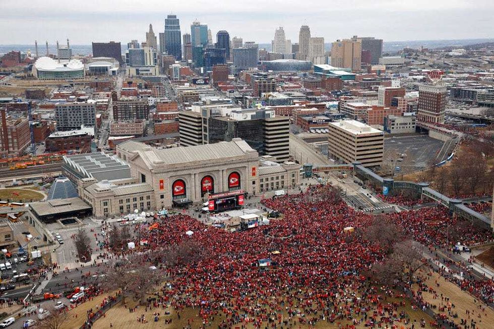 Fans wait in front of the Union Station before the Kansas City Chiefs