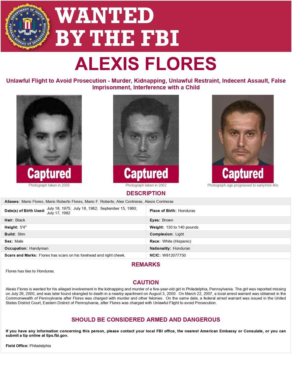 FBI poster advertising Flores