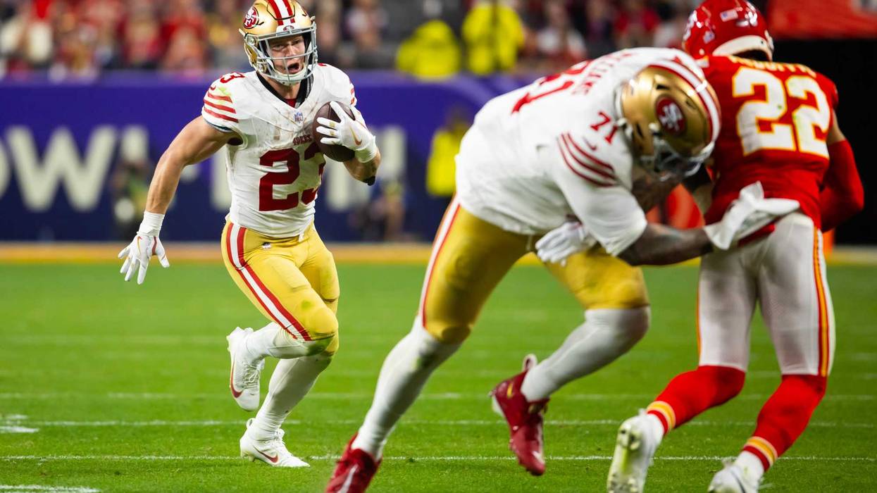 Feb 11, 2024; Paradise, Nevada, USA; San Francisco 49ers running back Christian McCaffrey (23) against the Kansas City Chiefs in Super Bowl LVIII at Allegiant Stadium.