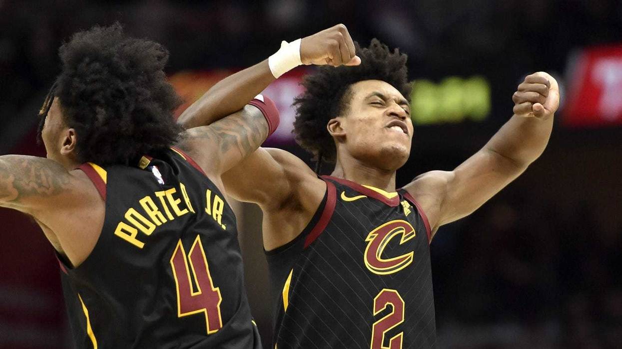 Feb 12, 2020; Cleveland, Ohio, USA; Cleveland Cavaliers guard Kevin Porter Jr. (4) and guard Collin Sexton (2) celebrate in the third quarter against the Atlanta Hawks at Rocket Mortgage FieldHouse. Mandatory Credit: David Richard-USA TODAY Sports