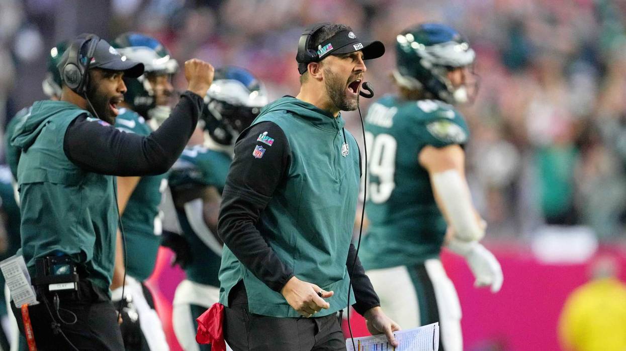Feb 12, 2023; Glendale, Arizona, US; Philadelphia Eagles head coach Nick Sirianni reacts after a play against the Kansas City Chiefs during the first quarter of Super Bowl LVII at State Farm Stadium.