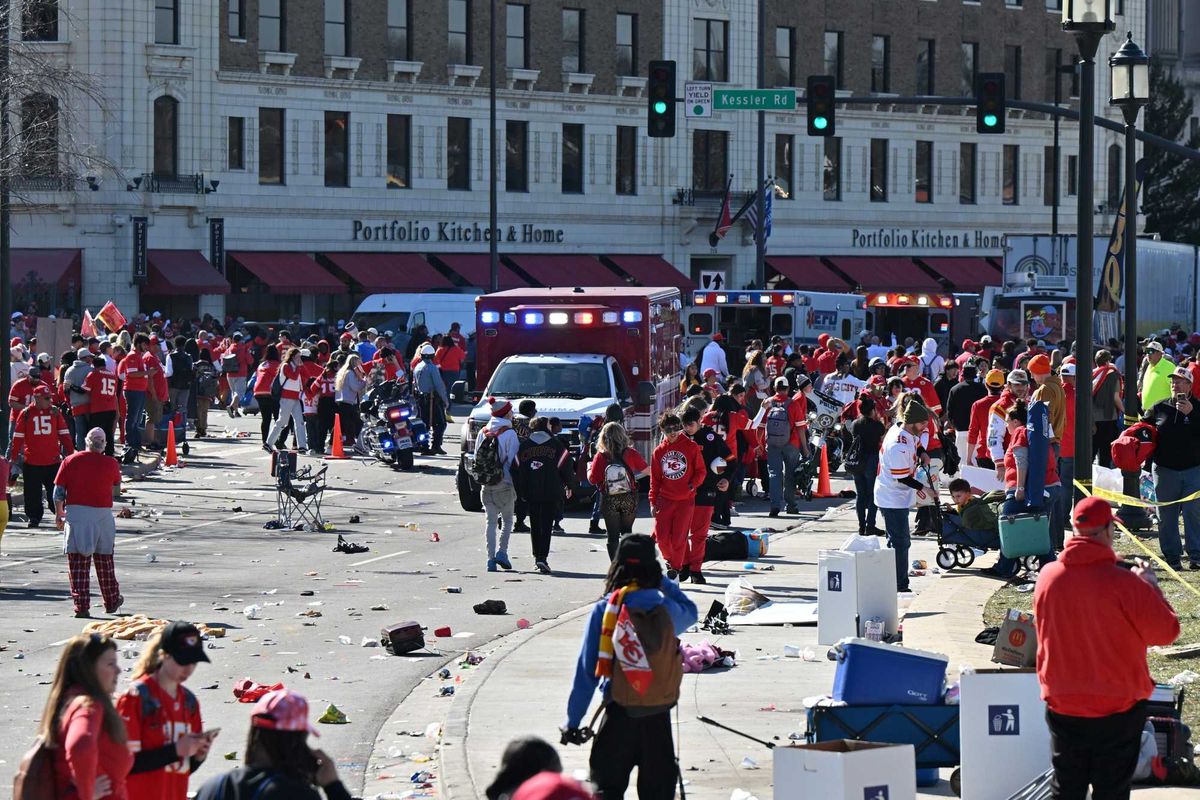Feb 14, 2024; Kansas City, MO, USA; Fans leave the area after shots were fired after the celebration of the Kansas City Chiefs winning Super Bowl LVIII. Mandatory Credit: David Rainey-USA TODAY Sports