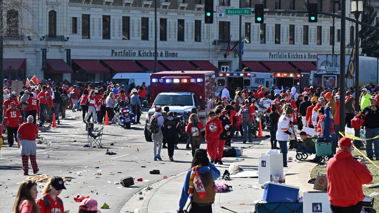 Feb 14, 2024; Kansas City, MO, USA; Fans leave the area after shots were fired after the celebration of the Kansas City Chiefs winning Super Bowl LVIII. Mandatory Credit: David Rainey-USA TODAY Sports