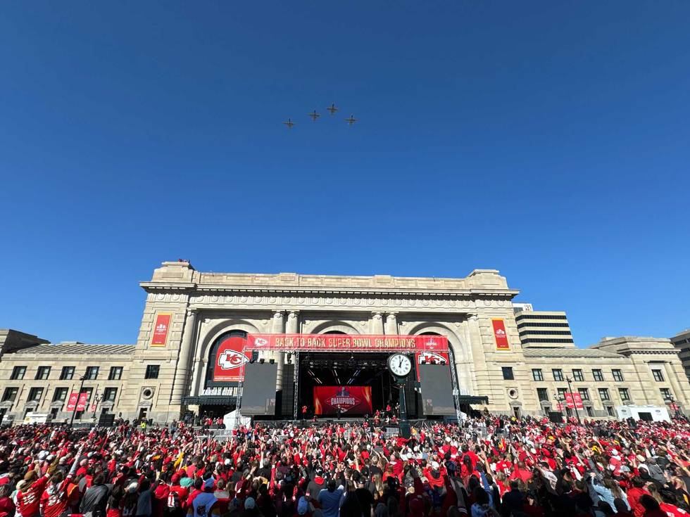 Feb 14, 2024; Kansas City, MO, USA; General view of the flyover at Union Station during the celebration of the Kansas City Chiefs winning Super Bowl LVIII. Mandatory Credit: Kirby Lee-USA TODAY Sports