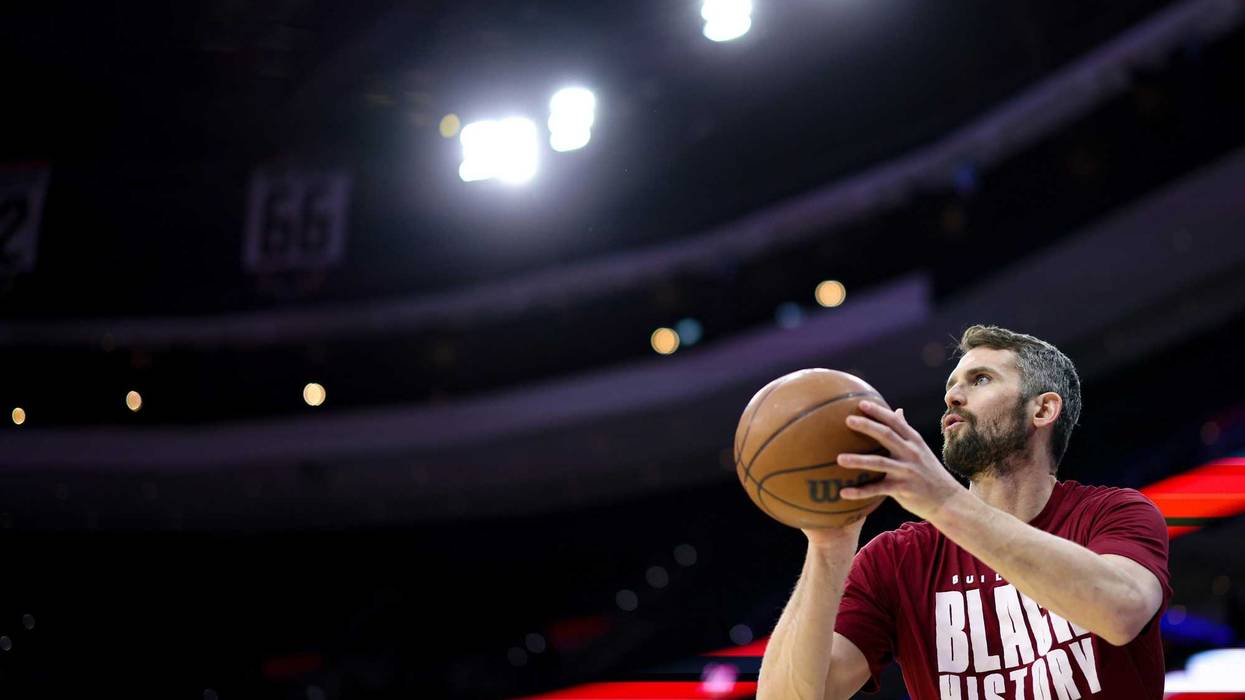 Feb 15, 2023; Philadelphia, Pennsylvania, USA; Cleveland Cavaliers forward Kevin Love before action against the Philadelphia 76ers at Wells Fargo Center.