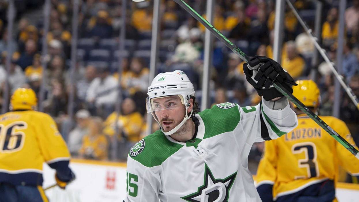 Feb 15, 2024; Nashville, Tennessee, USA; Dallas Stars center Matt Duchene (95) celebrates his goal against the Nashville Predators during the second period at Bridgestone Arena