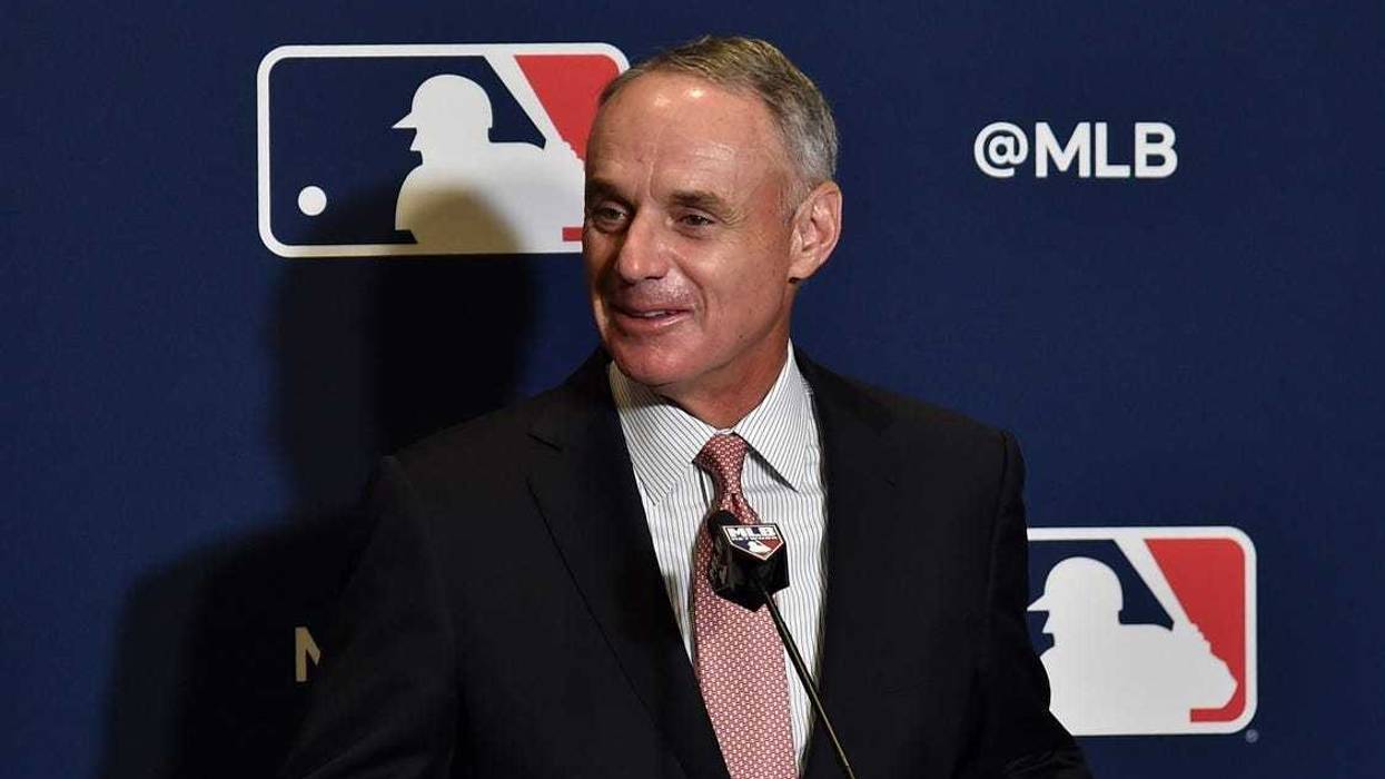 Feb 17, 2019; West Palm Beach, FL, USA; MLB commissioner Rob Manfred addresses representatives from the grapefruit league during the annual spring training media day at Hilton in West Palm Beach. Mandatory Credit: Steve Mitchell-USA TODAY Sports