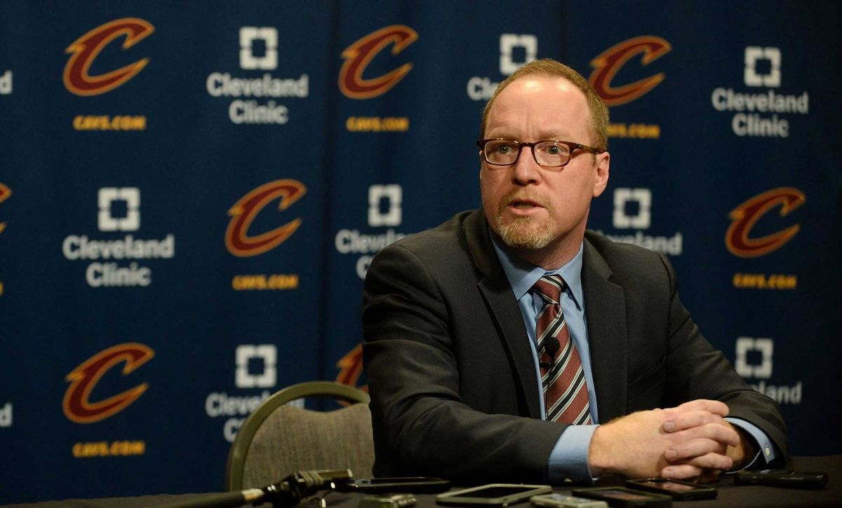 Feb 18, 2016; Cleveland, OH, USA; Cleveland Cavaliers general manager David Griffin talks with the media before the game between the Cleveland Cavaliers and the Chicago Bulls at Quicken Loans Arena. Mandatory Credit: Ken Blaze-USA TODAY Sports