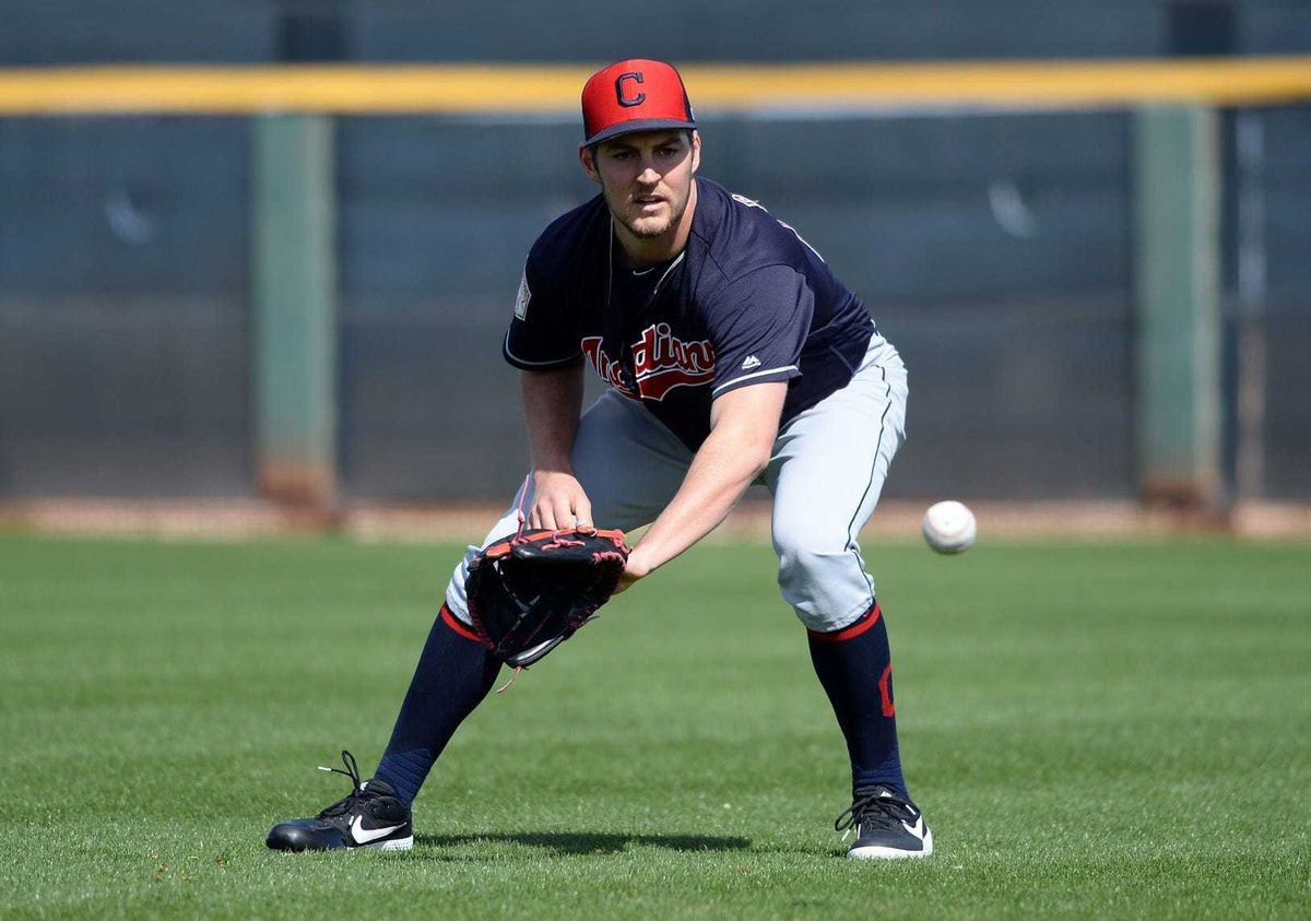 Feb 18, 2019; Goodyear, AZ, USA; Cleveland Indians starting pitcher Trevor Bauer (47) fields a ball during a spring training workout at the Goodyear Ballpark practice fields. Mandatory Credit: Joe Camporeale-USA TODAY Sports