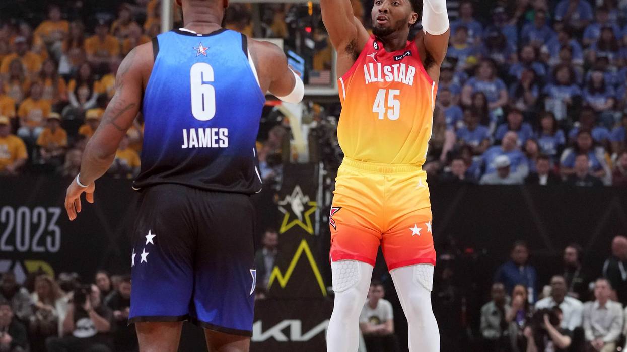 Feb 19, 2023; Salt Lake City, UT, USA; Team Giannis guard Donovan Mitchell (45) shoots against Team LeBron forward LeBron James (6) in the 2023 NBA All-Star Game at Vivint Arena