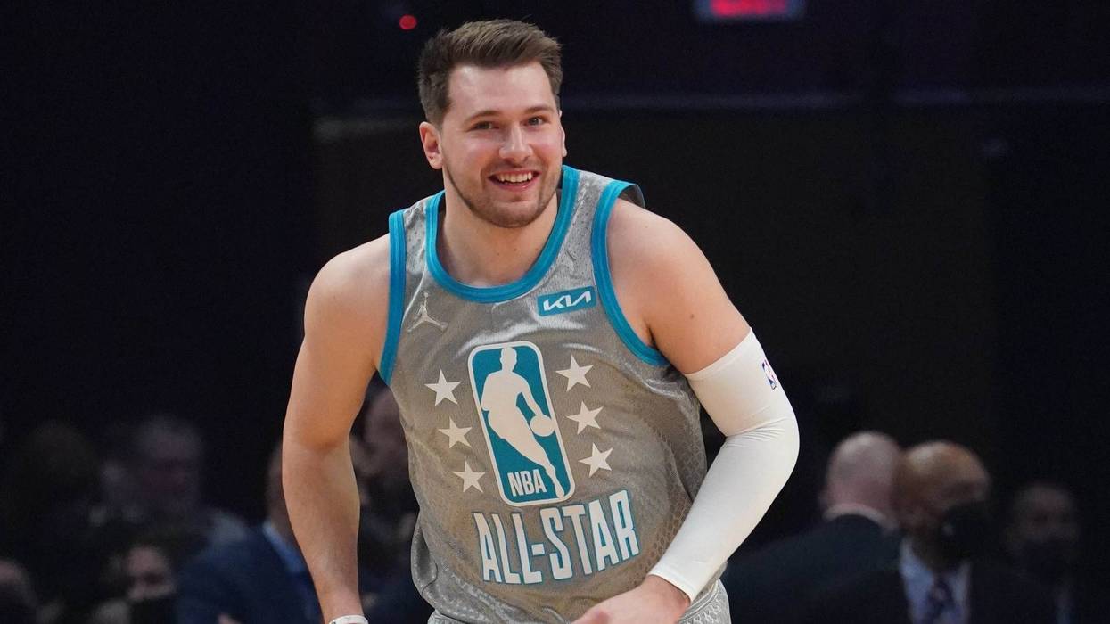 Feb 20, 2022; Cleveland, Ohio, USA; Team LeBron forward/guard Luka Doncic (77) reacts during the 2022 NBA All-Star Game at Rocket Mortgage FieldHouse.